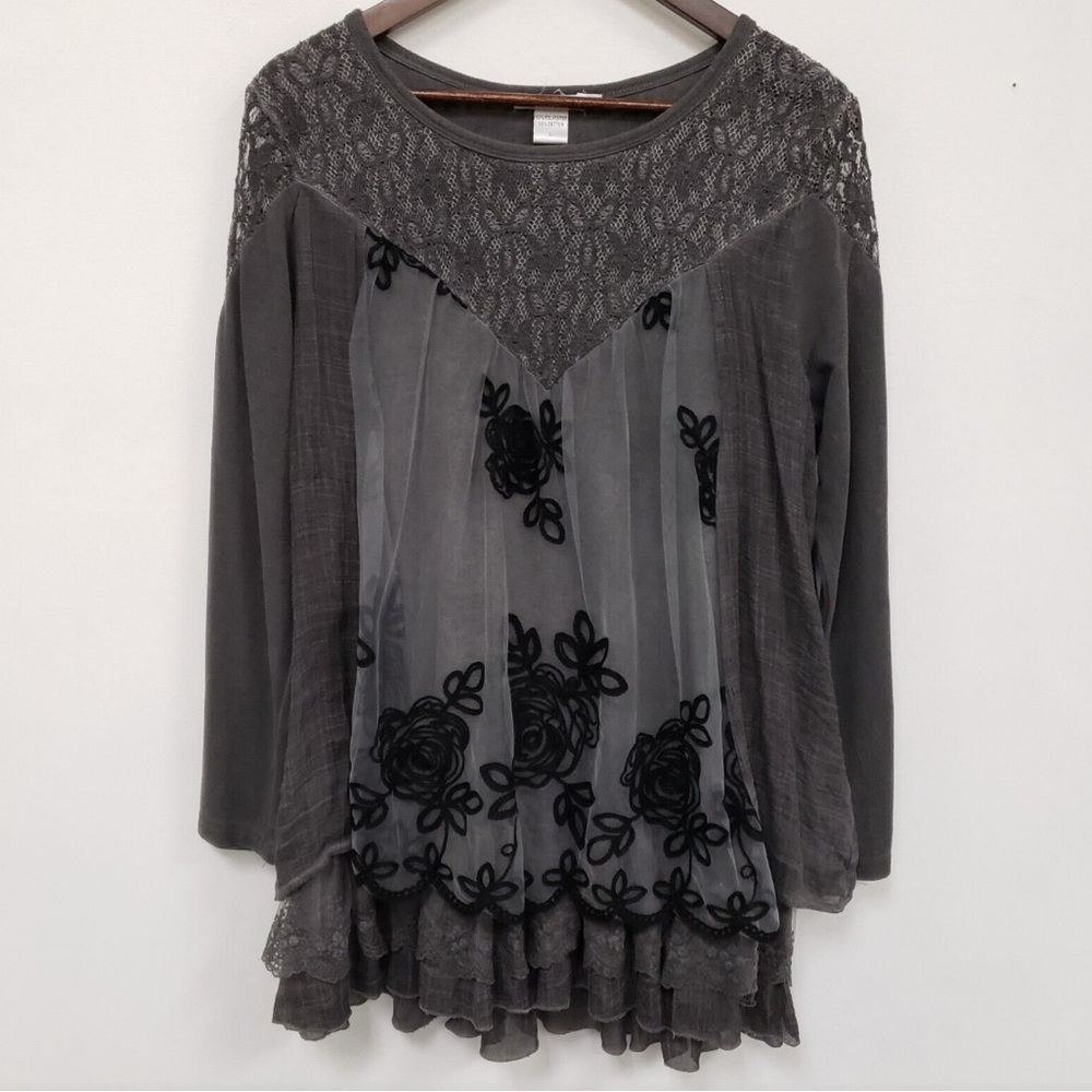 Feratelli Charcoal Gray Embroidered Tunic with Lace - 3/4 Sleeve